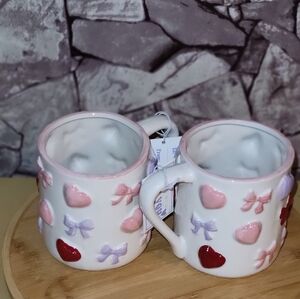 Heart and Bow Ceramic Mugs - Pink and Red